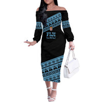 Fiji Rugby 2025 Custom Off The Shoulder Long Sleeve Dress Fijian Tapa Toso Viti Toso - Black LT14 Women Black - Polynesian Pride