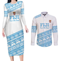 Fiji Rugby 2025 Custom Couples Matching Long Sleeve Bodycon Dress and Long Sleeve Button Shirt Fijian Tapa Toso Viti Toso - White LT14 White - Polynesian Pride