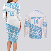 Fiji Rugby 2025 Custom Couples Matching Long Sleeve Bodycon Dress and Long Sleeve Button Shirt Fijian Tapa Toso Viti Toso - White LT14 - Polynesian Pride