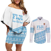 Fiji Rugby 2025 Custom Couples Matching Off Shoulder Short Dress and Long Sleeve Button Shirt Fijian Tapa Toso Viti Toso - White LT14 White - Polynesian Pride