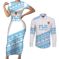 Fiji Rugby 2025 Custom Couples Matching Short Sleeve Bodycon Dress and Long Sleeve Button Shirt Fijian Tapa Toso Viti Toso - White LT14 White - Polynesian Pride