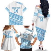 Fiji Rugby 2025 Custom Family Matching Off The Shoulder Long Sleeve Dress and Hawaiian Shirt Fijian Tapa Toso Viti Toso - White LT14 - Polynesian Pride