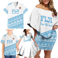 Fiji Rugby 2025 Custom Family Matching Off Shoulder Short Dress and Hawaiian Shirt Fijian Tapa Toso Viti Toso - White LT14 - Polynesian Pride