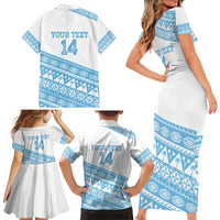 Fiji Rugby 2025 Custom Family Matching Short Sleeve Bodycon Dress and Hawaiian Shirt Fijian Tapa Toso Viti Toso - White LT14 - Polynesian Pride