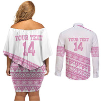 Fiji Rugby 2025 Custom Couples Matching Off Shoulder Short Dress and Long Sleeve Button Shirt Fijian Tapa Toso Viti Toso - Pink LT14 - Polynesian Pride
