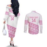 Fiji Rugby 2025 Custom Couples Matching Off The Shoulder Long Sleeve Dress and Long Sleeve Button Shirt Fijian Tapa Toso Viti Toso - Pink LT14 - Polynesian Pride