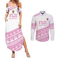 Fiji Rugby 2025 Custom Couples Matching Summer Maxi Dress and Long Sleeve Button Shirt Fijian Tapa Toso Viti Toso - Pink LT14 Pink - Polynesian Pride