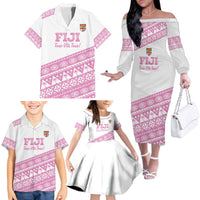 Fiji Rugby 2025 Custom Family Matching Off The Shoulder Long Sleeve Dress and Hawaiian Shirt Fijian Tapa Toso Viti Toso - Pink LT14 - Polynesian Pride