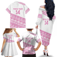 Fiji Rugby 2025 Custom Family Matching Off The Shoulder Long Sleeve Dress and Hawaiian Shirt Fijian Tapa Toso Viti Toso - Pink LT14 - Polynesian Pride
