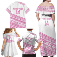 Fiji Rugby 2025 Custom Family Matching Off Shoulder Maxi Dress and Hawaiian Shirt Fijian Tapa Toso Viti Toso - Pink LT14 - Polynesian Pride