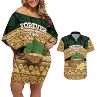 Bula Fiji Kava Bowl Couples Matching Off Shoulder Short Dress and Hawaiian Shirt Fijian Tapa Cloth Vintage Vibe LT14 Brown - Polynesian Pride