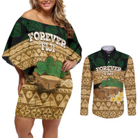 Bula Fiji Kava Bowl Couples Matching Off Shoulder Short Dress and Long Sleeve Button Shirt Fijian Tapa Cloth Vintage Vibe LT14 Brown - Polynesian Pride