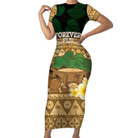 Bula Fiji Kava Bowl Short Sleeve Bodycon Dress Fijian Tapa Cloth Vintage Vibe LT14 Long Dress Brown - Polynesian Pride