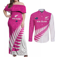 New Zealand Silver Fern Rugby Custom Couples Matching Off Shoulder Maxi Dress and Long Sleeve Button Shirt Go All Black Maori Pink Version LT14 Pink - Polynesian Pride