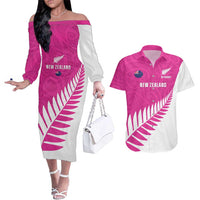 New Zealand Silver Fern Rugby Custom Couples Matching Off The Shoulder Long Sleeve Dress and Hawaiian Shirt Go All Black Maori Pink Version LT14 Pink - Polynesian Pride