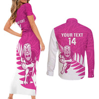 New Zealand Silver Fern Rugby Custom Couples Matching Short Sleeve Bodycon Dress and Long Sleeve Button Shirt Go All Black Maori Pink Version LT14 - Polynesian Pride