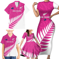 New Zealand Silver Fern Rugby Custom Family Matching Short Sleeve Bodycon Dress and Hawaiian Shirt Go All Black Maori Pink Version LT14 - Polynesian Pride