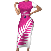 New Zealand Silver Fern Rugby Custom Family Matching Short Sleeve Bodycon Dress and Hawaiian Shirt Go All Black Maori Pink Version LT14 Mom's Dress Pink - Polynesian Pride
