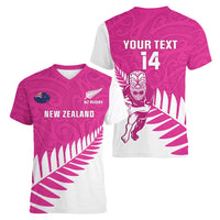 New Zealand Silver Fern Rugby Custom Women V-Neck T-Shirt Go All Black Maori Pink Version LT14 - Polynesian Pride
