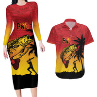 Custom Papua New Guinea Cricket Couples Matching Long Sleeve Bodycon Dress and Hawaiian Shirt PNG Barramundis LT14 Red - Polynesian Pride