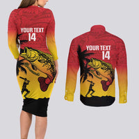 Custom Papua New Guinea Cricket Couples Matching Long Sleeve Bodycon Dress and Long Sleeve Button Shirt PNG Barramundis LT14 - Polynesian Pride
