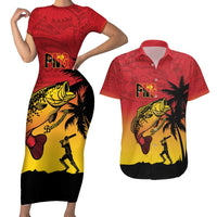 Custom Papua New Guinea Cricket Couples Matching Short Sleeve Bodycon Dress and Hawaiian Shirt PNG Barramundis LT14 Red - Polynesian Pride