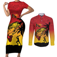 Custom Papua New Guinea Cricket Couples Matching Short Sleeve Bodycon Dress and Long Sleeve Button Shirt PNG Barramundis LT14 Red - Polynesian Pride
