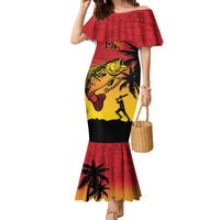 Custom Papua New Guinea Cricket Family Matching Mermaid Dress and Hawaiian Shirt PNG Barramundis LT14 Mom's Dress Red - Polynesian Pride