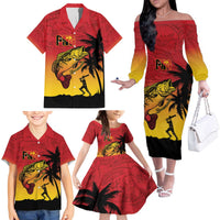Custom Papua New Guinea Cricket Family Matching Off The Shoulder Long Sleeve Dress and Hawaiian Shirt PNG Barramundis LT14 - Polynesian Pride