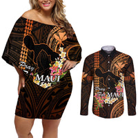 Hawaii Couples Matching Off Shoulder Short Dress and Long Sleeve Button Shirts Pray For Maui Hawaiian Plumeria Be Strong Gold Verison LT14 Gold - Polynesian Pride