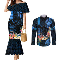 Hawaii Couples Matching Mermaid Dress and Long Sleeve Button Shirts Pray For Maui Hawaiian Plumeria Be Strong Blue Verison LT14 Blue - Polynesian Pride