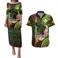 Hawaii Couples Matching Puletasi Dress and Hawaiian Shirt Pray For Maui Hawaiian Plumeria Be Strong Reggae Verison LT14 Reggae - Polynesian Pride