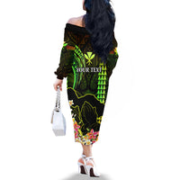 Personalised Hawaii Off The Shoulder Long Sleeve Dress Pray For Maui Hawaiian Plumeria Be Strong Reggae Verison LT14 - Polynesian Pride