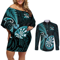 New Zealand Darts Couples Matching Off Shoulder Short Dress and Long Sleeve Button Shirts Happiness Is A Tight Threesome Maori Turquoise LT14 Turquoise - Polynesian Pride