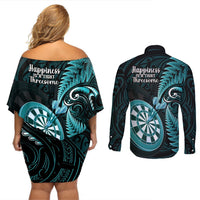 New Zealand Darts Couples Matching Off Shoulder Short Dress and Long Sleeve Button Shirts Happiness Is A Tight Threesome Maori Turquoise LT14 - Polynesian Pride