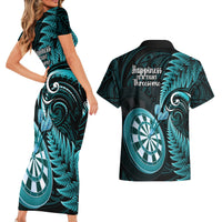 New Zealand Darts Couples Matching Short Sleeve Bodycon Dress and Hawaiian Shirt Happiness Is A Tight Threesome Maori Turquoise LT14 - Polynesian Pride