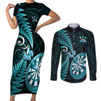 New Zealand Darts Couples Matching Short Sleeve Bodycon Dress and Long Sleeve Button Shirts Happiness Is A Tight Threesome Maori Turquoise LT14 Turquoise - Polynesian Pride