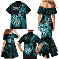 New Zealand Darts Family Matching Mermaid Dress and Hawaiian Shirt Happiness Is A Tight Threesome Maori Turquoise LT14 - Polynesian Pride
