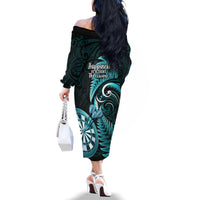 New Zealand Darts Family Matching Off Shoulder Long Sleeve Dress and Hawaiian Shirt Happiness Is A Tight Threesome Maori Turquoise LT14 - Polynesian Pride