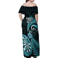 New Zealand Darts Family Matching Off Shoulder Maxi Dress and Hawaiian Shirt Happiness Is A Tight Threesome Maori Turquoise LT14 - Polynesian Pride