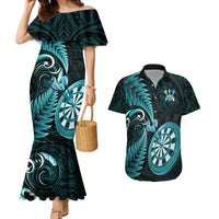 Personalised New Zealand Darts Couples Matching Mermaid Dress and Hawaiian Shirt Happiness Is A Tight Threesome Maori Turquoise LT14 Turquoise - Polynesian Pride