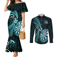 Personalised New Zealand Darts Couples Matching Mermaid Dress and Long Sleeve Button Shirts Happiness Is A Tight Threesome Maori Turquoise LT14 Turquoise - Polynesian Pride