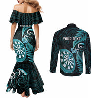 Personalised New Zealand Darts Couples Matching Mermaid Dress and Long Sleeve Button Shirts Happiness Is A Tight Threesome Maori Turquoise LT14 - Polynesian Pride