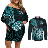 Personalised New Zealand Darts Couples Matching Off Shoulder Short Dress and Long Sleeve Button Shirts Happiness Is A Tight Threesome Maori Turquoise LT14 Turquoise - Polynesian Pride