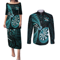 Personalised New Zealand Darts Couples Matching Puletasi Dress and Long Sleeve Button Shirts Happiness Is A Tight Threesome Maori Turquoise LT14 Turquoise - Polynesian Pride