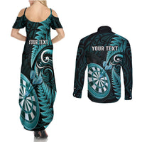 Personalised New Zealand Darts Couples Matching Summer Maxi Dress and Long Sleeve Button Shirts Happiness Is A Tight Threesome Maori Turquoise LT14 - Polynesian Pride