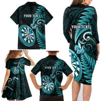 Personalised New Zealand Darts Family Matching Long Sleeve Bodycon Dress and Hawaiian Shirt Happiness Is A Tight Threesome Maori Turquoise LT14 - Polynesian Pride