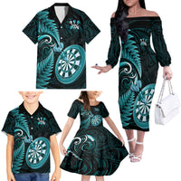 Personalised New Zealand Darts Family Matching Off Shoulder Long Sleeve Dress and Hawaiian Shirt Happiness Is A Tight Threesome Maori Turquoise LT14 - Polynesian Pride
