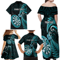 Personalised New Zealand Darts Family Matching Off Shoulder Maxi Dress and Hawaiian Shirt Happiness Is A Tight Threesome Maori Turquoise LT14 - Polynesian Pride