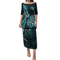 Personalised New Zealand Darts Puletasi Happiness Is A Tight Threesome Maori Turquoise LT14 Long Dress Turquoise - Polynesian Pride